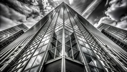 Futuristic Skyscraper Details: Photograph intricate skyscraper architecture, focusing on sleek lines, metallic materials, and abstract shapes, using a macro lens and black-and-white conversion.