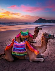 two camels with colorful neon saddles are laying and relaxing on the beach