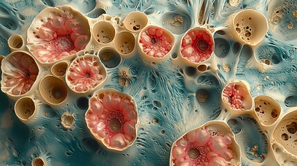 Wall Mural - A cross-sectional view of trabecular spongy bone, illustrating its lattice-like structure composed of interconnected trabeculae and red bone