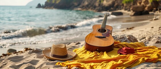 Wall Mural - A beach setup features a guitar and a red hat on a yellow blanket 