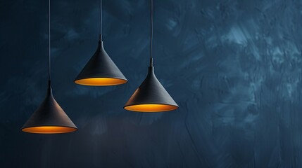 Modern decorative electric lamps hanging from the ceiling in a dark room, with ample space for background text or design.