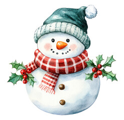 Cute snowman with a red scarf, green hat, and holly leaves, watercolor Christmas illustration on white background