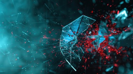 Leinwandbilder - A hacker breaches a digital shield, causing pieces to scatter in a dramatic display of cybersecurity threats and vulnerabilities. Generative AI