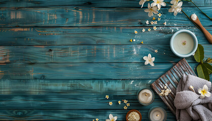 Poster - Spa treatments on blue wooden table