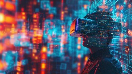 Leinwandbilder - A hacker navigates a vibrant virtual environment filled with glowing locks and streams of code, immersed in a digital realm. Generative AI
