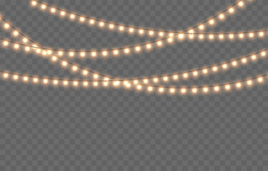 Wall Mural - Vector Christmas garland png. Christmas light png. Holiday decoration, garland with golden lights, LED lamp.