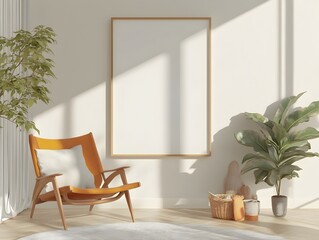 Wall Mural - Mockup of a Sunlit Mid Century Modern Studio Apartment with Clean Minimalist Decor  Warm Natural Tones and Elegant Contemporary Furnishings Create a Peaceful Organized and Comfortable Living Space