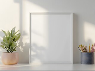 Mockup of a white background frame displayed on a table in a minimalist home office setting,featuring diffused lighting and styling or visual technique to create an elegant,modern.