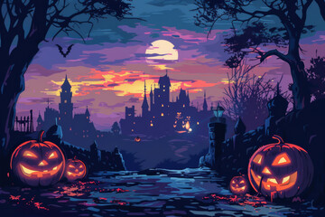 Halloween. Vector illustration. Halloween pumpkins stand under trees against the backdrop of an ancient creepy castle on a dark night with a full moon.