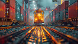 Freight Train on Tracks at Night - 3D Illustration