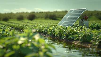 Wall Mural - A solar-powered pump in a green field with solar panels, capturing the reflective surfaces of the panels and lush greenery. Generative AI.