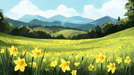 Bright yellow daffodil flowers in a lush spring meadow.