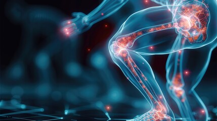 Leinwandbilder - Blue 3D x-ray of knee and body pain, illustrating injuries to joints and bones, arthritis inflammation, and broken tendons in athletes, with prominent red pain markers. Generative AI.