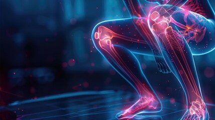 Leinwandbilder - Blue 3D x-ray of knee and body pain, illustrating injuries to joints and bones, arthritis inflammation, and broken tendons in athletes, with prominent red pain markers. Generative AI.