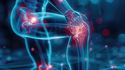 Leinwandbilder - Blue 3D x-ray of knee and body pain, illustrating injuries to joints and bones, arthritis inflammation, and broken tendons in athletes, with prominent red pain markers. Generative AI.