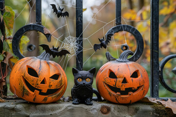 Halloween. Halloween pumpkins and a black cat, bats, spiders and cobwebs against the background of a cemetery gate.