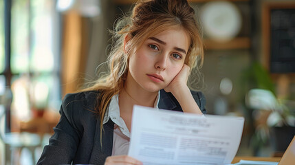 Leinwandbilder - Young businesswoman in a suit sitting at a desk with a laptop and documents, while holding a paper document. The woman is focused on work. Generative AI.