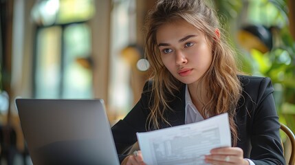Leinwandbilder - Young businesswoman in a suit sitting at a desk with a laptop and documents, while holding a paper document. The woman is focused on work. Generative AI.