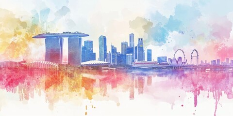 Ethereal Watercolor Singapore Skyline: National Day 2025 Celebration. Soft Hues Abstract Illustration for Marketing, UI, and Posters. Minimalist Composition with Elegant Gradient Texture. AI-Generated