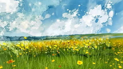 Sticker - Beautiful colorful sky with clouds over the field of wildflowers.