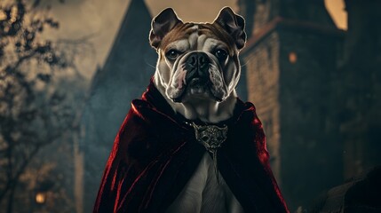 A Bulldog Dressed in a Vampire Cape Posing in Front of a Spooky Castle Backdrop  The Canine s Fangs and Moody Atmosphere Create a Supernatural Gothic Vibe