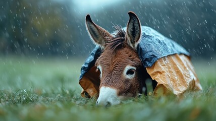 Cozy donkey sheltering under a cover in a rain-soaked field, droplets on its fur and lush, green surroundings adding depth.