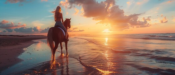 An attractive blonde woman is horseback riding at the beach at sunset 