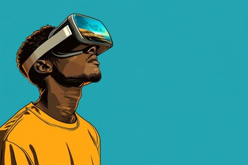 Wall Mural - Stylized portrait of a man wearing a VR headset capturing the essence of modern technology and virtual reality in a vibrant and minimalist illustration with a bold contrasting background