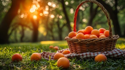 Poster - Create a cozy Easter background with a rustic picnic scene, featuring a checkered blanket spread out on lush green grass.