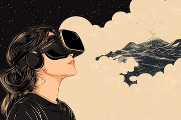 Sticker - Woman gazing into a starlit sky with a VR headset combining the wonder of the cosmos with the immersive experience of virtual reality in a dreamy surreal landscape illustration