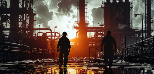 Fototapete - Happy Labor Day with silhouettes of workers and industrial machinery. Generative AI.