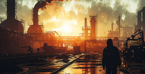 Fototapete - Happy Labor Day with silhouettes of workers and industrial machinery. Generative AI.