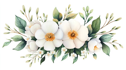 Wall Mural - Watercolor White Flowers and Greenery for Wedding Invitations