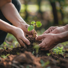 Wall Mural - Two people are planting a small green plant together