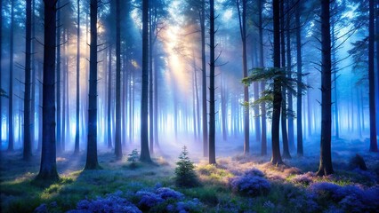 moody ultramarine forest with dense fog and misty atmosphere illuminated by soft warm sunlight filte