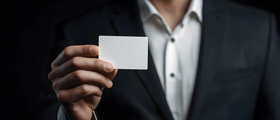 Businessman holding a business card, close-up of hand and white blank paper on a black background, space for text.