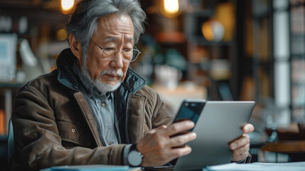 Aufkleber - Senior Businessman Using Smartphone and Laptop, A middle-aged Asian businessman working online in his office. Generative AI.