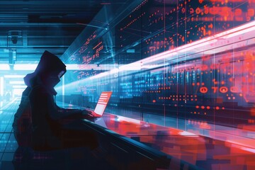 Fototapete - A hacker types on a laptop in a metro station, highlighting the risks associated with using unsecured public Wi-Fi networks in urban settings. Generative AI