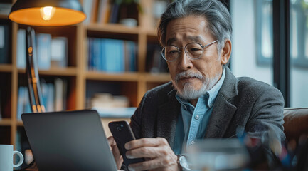 Aufkleber - Senior Businessman Using Smartphone and Laptop, A middle-aged Asian businessman working online in his office. Generative AI.
