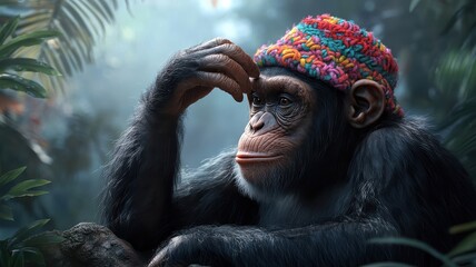 A chimpanzee with a colorful hat sitting on a rock surrounded by lush foliage in a dense jungle.