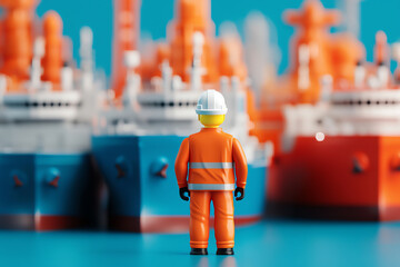 A miniature worker in an orange uniform stands before colorful model ships, representing maritime industry and safety.