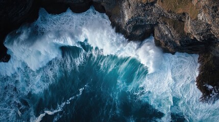 Canvas Print - Dramatic Aerial Shot of Waves Colliding with Cliffs