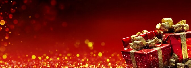 Red background with golden glitter and red gift boxes