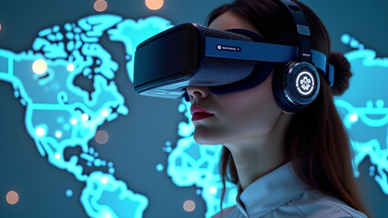 Wall Mural - AI artificial intelligence woman wearing VR glasses virtual global world internet connection