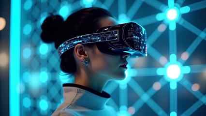 Wall Mural - AI artificial intelligence woman wearing VR glasses virtual global world internet connection