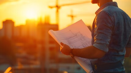 Project manager reviewing blueprints at a construction site, golden hour lighting, rolled-up plans in hand, blurred background of ongoing construction, organized and determined mood