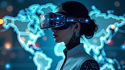 Wall Mural - AI artificial intelligence woman wearing VR glasses virtual global world internet connection