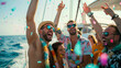 © Bogdan Pictures - A lively group of friends celebrating on a luxurious yacht, surrounded by colorful confetti and breathtaking ocean views, embodying happiness and freedom with every smile and laugh