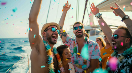 A lively group of friends celebrating on a luxurious yacht, surrounded by colorful confetti and breathtaking ocean views, embodying happiness and freedom with every smile and laugh