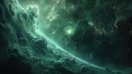 Aufkleber - Illustration of an empty universe, dramatic perspective, dark cool green colors, mysterious atmosphere, dark green. Generative AI.